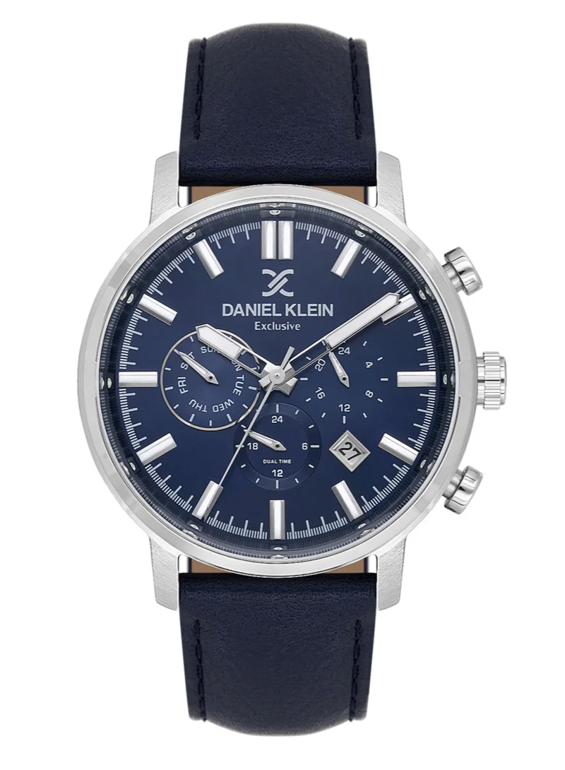 DANIEL KLEIN Men's Leather Silver Alloy Case Analog Blue Round Sunray Dial Japanese Quartz Exclusive 50 Meters Water Resistant